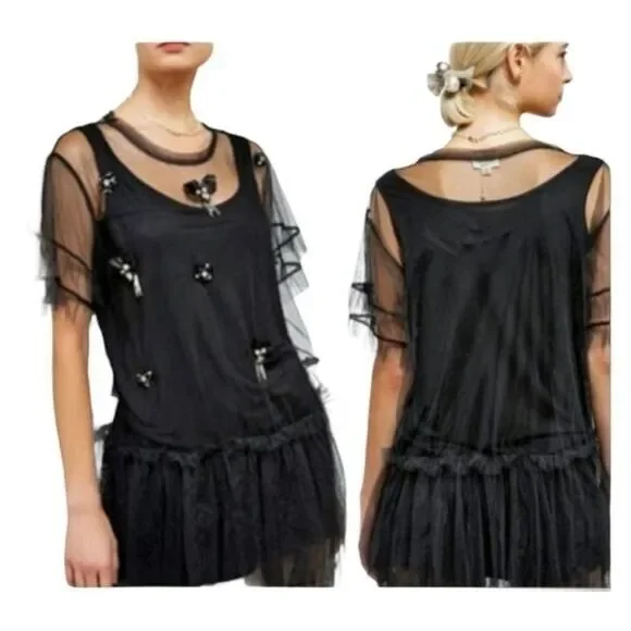 POL Sheer Mesh Two-fer Tulle Tunic Top Black Women's‎ Size S - Picture 4 of 9